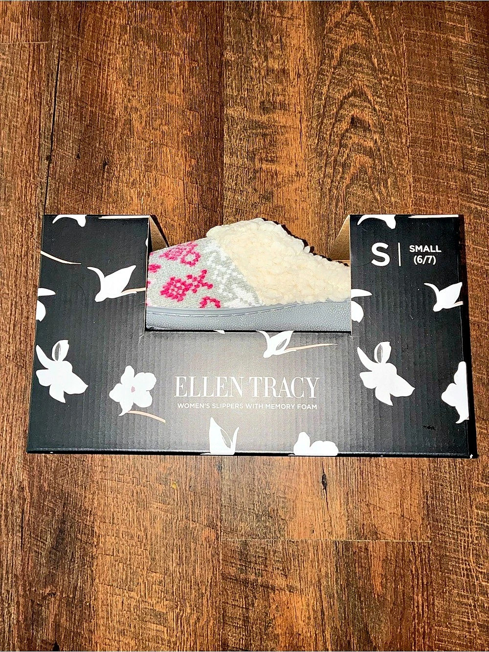 Ellen Tracy Memory Foam Slippers Gray & White Size Small